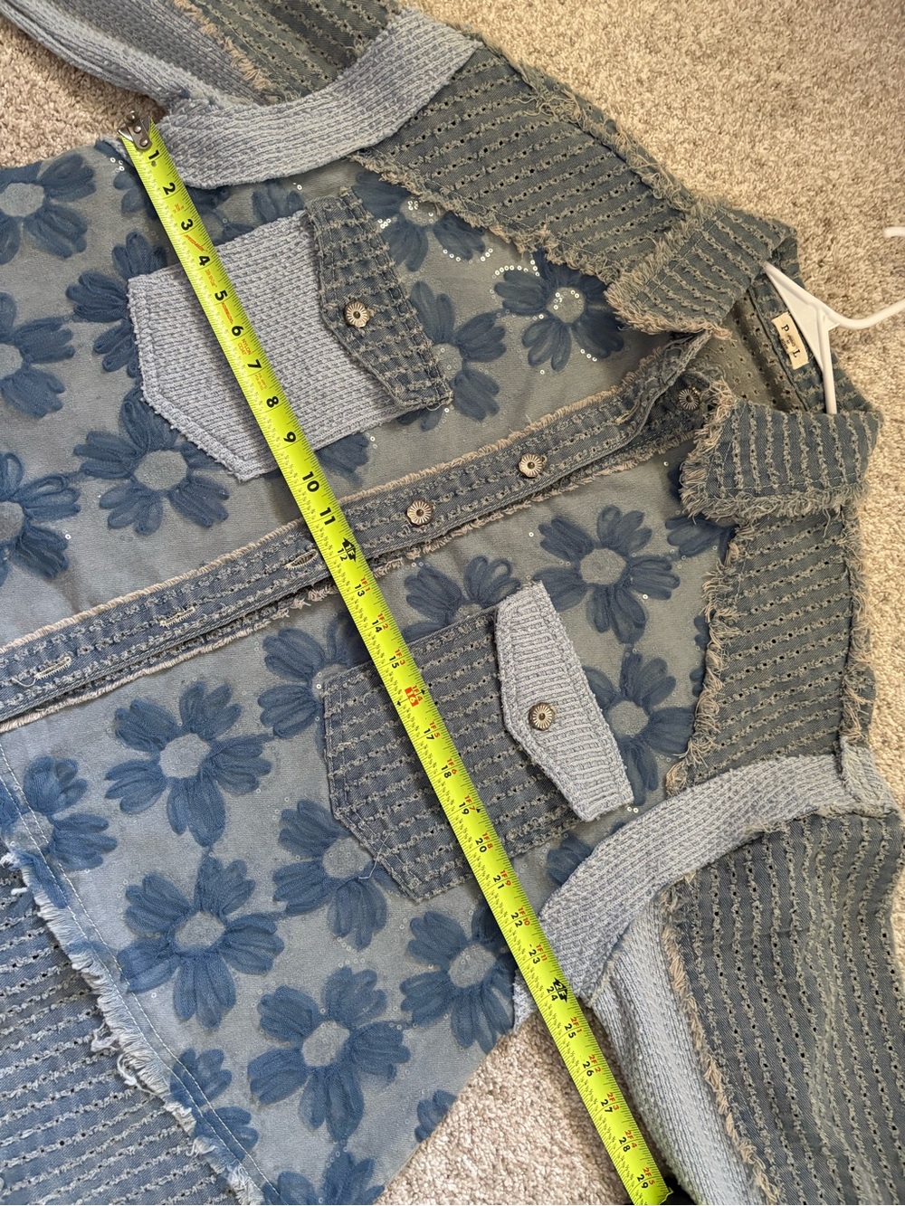 POL Mesh Patchwork Boho Floral Denim Shacket Embroidered Distressed women Sz S - Picture 4 of 12